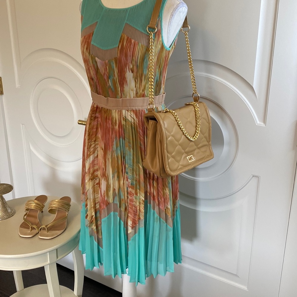 NWOT BCBG Pleated Cocktail Dress Aqua Green with Multi Colours
